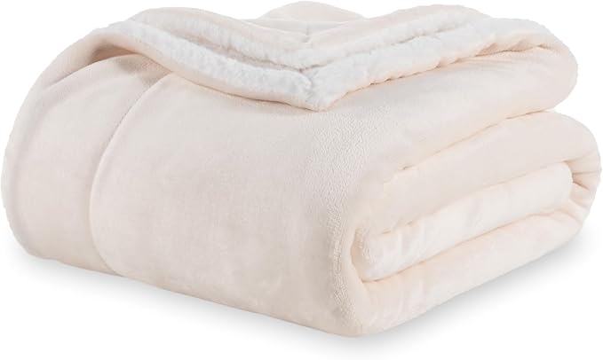 Berkshire Blanket-Sherpa Fleece Blanket, Warm and Soft Loftmink Reversible Blanket for Bed, Sofa and Travel, Cream, 90 in x 108 in
