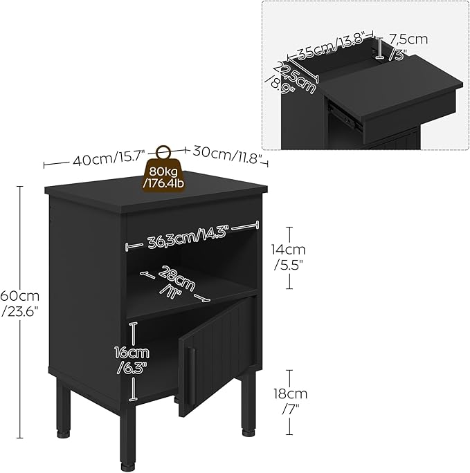Nightstand with Gun Drawer, Bedside Table with Hidden Compartment, End Table with Storage Cabinet, Night Stand for Bedroom, Office, Black ET22BB