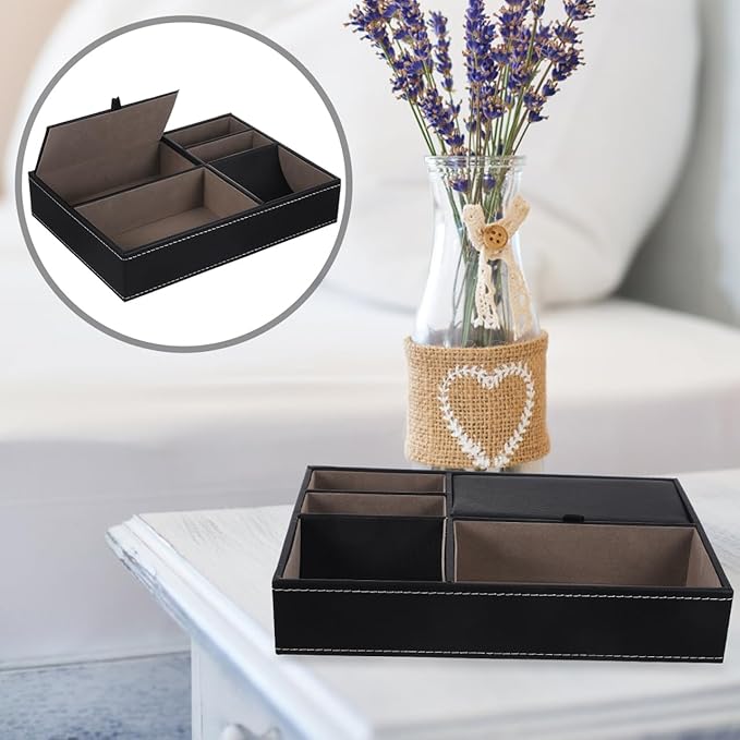 Faux Leather Nightstand Jewelry Box 10.23X7.20X2.04In Multi-Compartment Storage Organizer for Watches Phone Wallet Keys with Retro Style for Bedroom and Office