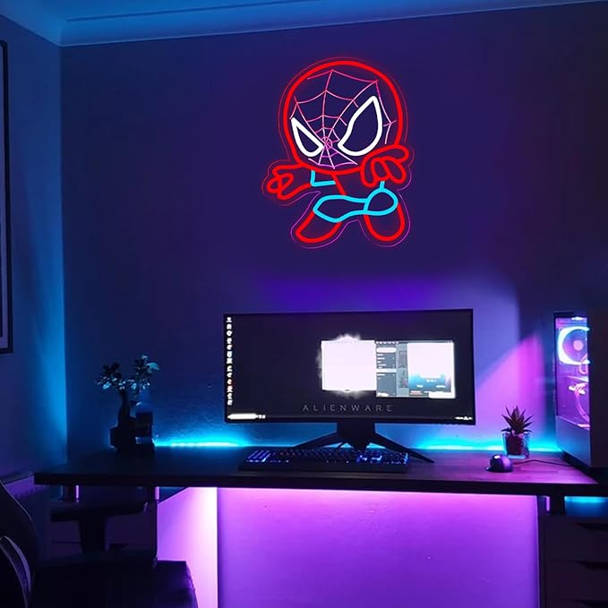 LED Spider Neon Sign for Wall Decor, Dimmable Anime Light Up Display, Kids Bedroom Game Room Decoration, 12.2x15.7 Inch