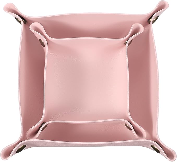 uxcell 2 Pcs Valet Tray for Women and Men, PU Leather Jewelry Tray Entryway Table Bedside Nightstand Catchall Storage Organizer for Jewelry Key Coin Watch Wallet(Square, Pink)