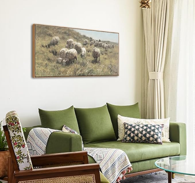 DJSYLIFE Farmhouse Framed Wall Art, Sheep on the Dunes Wall Picture, Vintage Sheep Oil Painting Canvas Print, Large Artwork for Living Room Bedroom Decor, Home Decorations 20x40 Inch