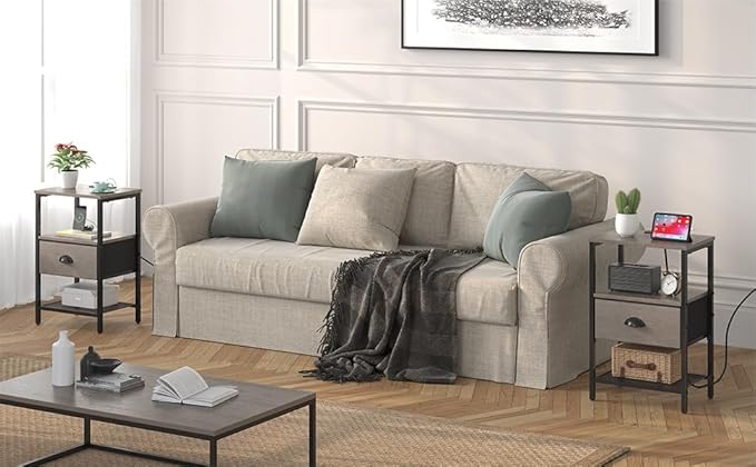 Nightstands Set of 2, Night Stands with Charging Station and Fabric Drawer, Grey Bedside Tables with Drawers, 2- Tier Side Table with Storage, Nightstands with Charging Station,Grey