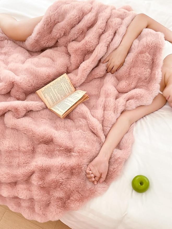 H&D Faux Fur Throw Blanket for Couch,Fluffy Cozy Soft Plush Luxury Thick Fuzzy Fleece Blanket for Couch Bed Sofa Bedroom Living Room,Comfy Bubble Blanket(Rose, Full (70"x80"))