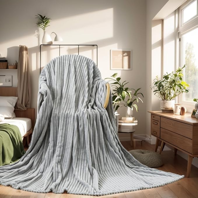 Cuddly Ash Grey Fleece Blanket, Warm and Soft with Striped Pattern for Twin XL Extra Long Bed, 66x90 Inches