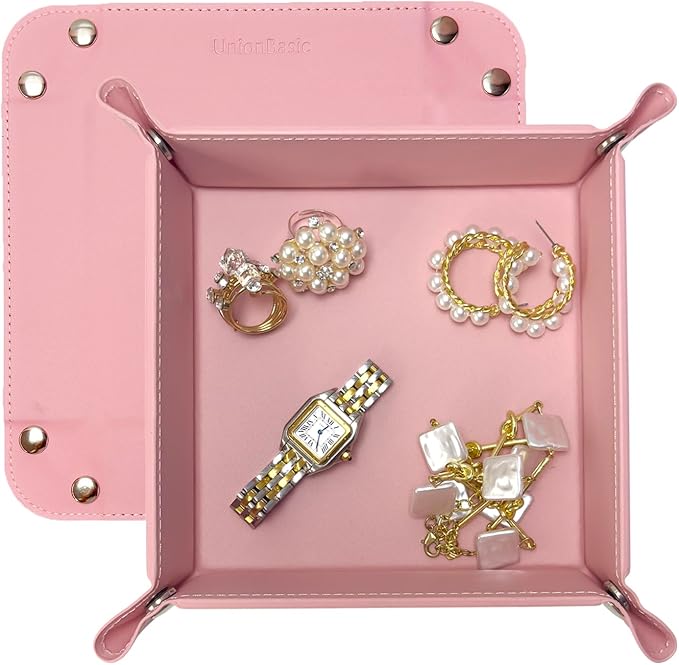UnionBasic Small Valet Tray, Jewelry Tray for Rings Watches Earrings, Entryway Catchall Caddy for Coins Keys Change, Nightstand Bedside Valet Holder, Trays for Electronic Gadgets, Candy Pink