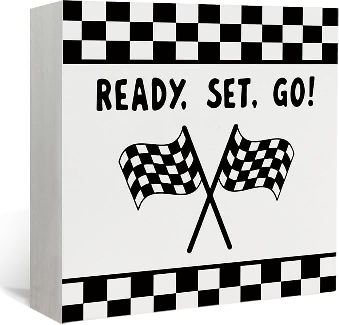 Lacama Race Car Boys Room Wooden Box Sign, Ready Set Go Race Car Decorations Wood Block Signs, Black and White Checkered Wood Sign for Boys Room Playroom Desk Shelf Wall Decor 5x5 Inches