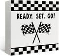 Lacama Race Car Boys Room Wooden Box Sign, Ready Set Go Race Car Decorations Wood Block Signs, Black and White Checkered Wood Sign for Boys Room Playroom Desk Shelf Wall Decor 5x5 Inches