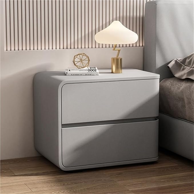 Minimalist Bedside Table Wood Bedside Furniture, Leather Nightstand with 2 Drawer Storage Modern Night Stand for Bedroom, Living Room, 17.7x15.7x18.9inch(Gray,Left)