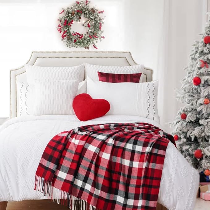 BATTILO HOME Christmas Red Plaid Throw Blanket for Couch, Bed, Super Soft Red Plaid Scarf, Throw Blanket, Christmas Decorative Throw with Tassels 50"x60"