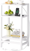 Side Table with Fast Charging Station, 3 Tier Tall End Table for Small Space, Narrow Side Table with Type C and USB Port, End Tables for Living Room Bedroom, Office, Nursery, White