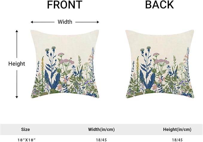 AEIOAE Navy Blue Teal Pillow Covers 18x18 Inch Set of 2, Spring Wildflower Plant Throw Pillows Case,Seasonal Floral Outdoor Decorative Flowers Farmhouse Decor Cushion Covers for Home Sofa Bed Couch