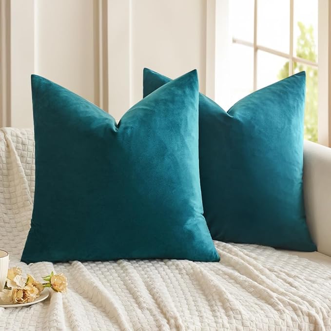 MIULEE Velvet Throw Pillow Covers 20x20 inch, Pack of 2 - Teal, Soft Solid Decorative Pillow Covers Square Cushion Cases Modern Luxury Home Decor for Spring Couch Sofa Bedroom