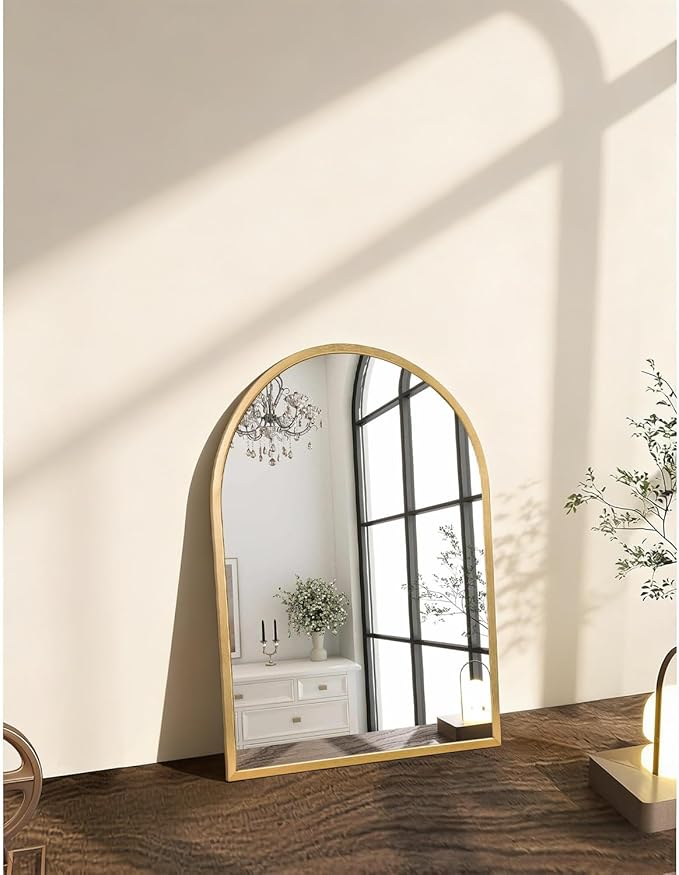 Wall Mirror Arched Bathroom Mirrors, Aluminum Alloy Frame Hanging Vanity Mirror for Living Room Bedroom Entryway Vanity, Brushed Metal Framed Wall Mounted Mirror Gold 16"x12"