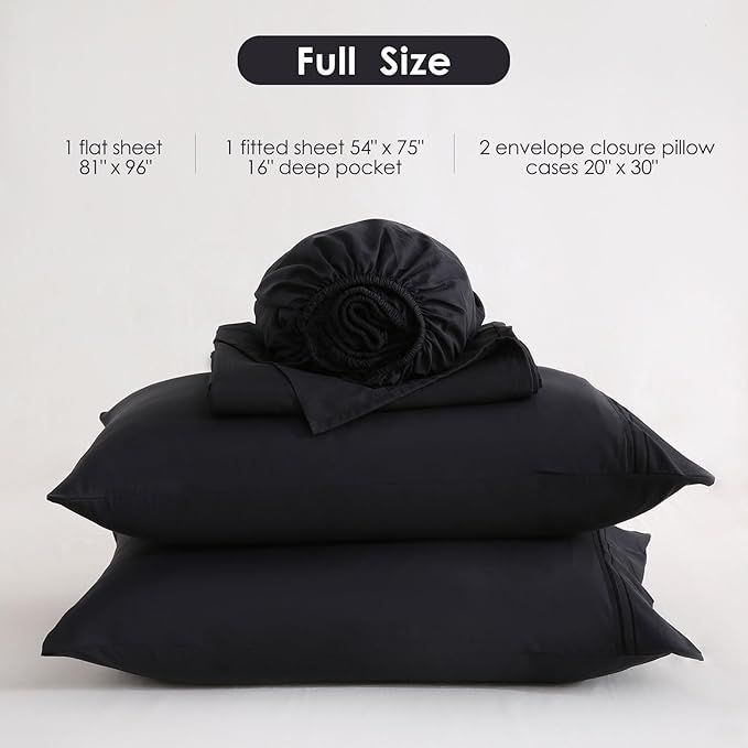 JSD Black Full Sheet Set with Side Pocket Corner Straps, 4 Piece Soft Microfiber Bed Sheets Extra Deep Pocket