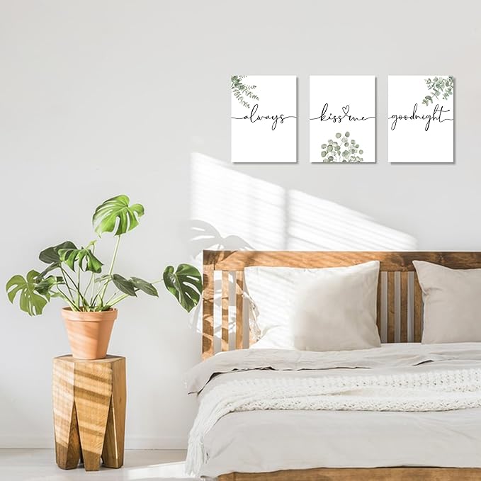 1 KINGO Always Kiss Me Goodnight Bedroom Wall Art: Set of 3 Boho Botanical Wall Decor Canvas Prints 12"x16", Sage Green Eucalyptus Pictures Decor Over The Bed for Farmhouse Master Bedroom