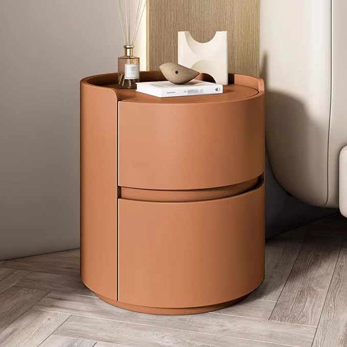 Wooden Nightstand Table with Drawer, Leather Bedside Storage for Bedroom and Living Room, Modern Round Design