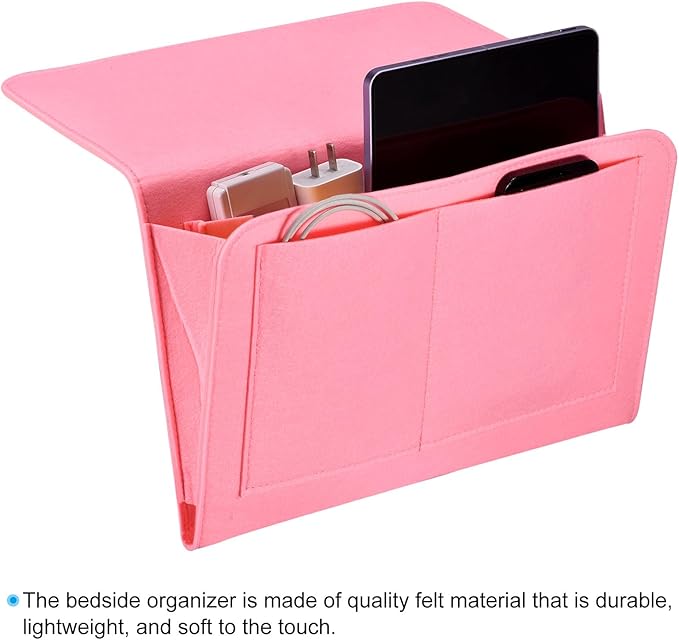 PATIKIL 13in Bedside Caddy, Bed Caddy Bedside Organizer Hanging Soft Felt 5 Pockets Bed Pockets Bedside Storage Organizer Remote Control Holder for Bedroom Phones Glasses, Pink