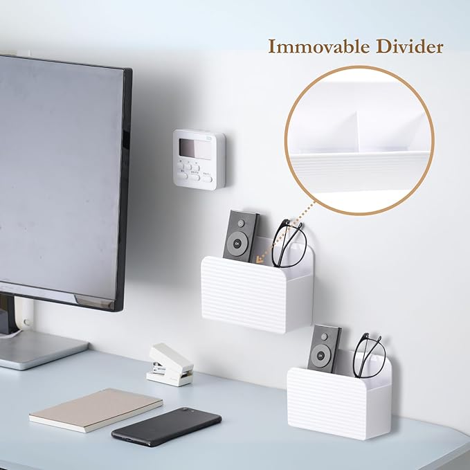 LINFIDITE 2 Pack Adhesive TV Remote Control Holder Wall Mount TV Remote Holder For Bedside Wall Remote Control Caddy Storage Organizer Stand Box （For 2 Or 4 Remote Controls – White ）