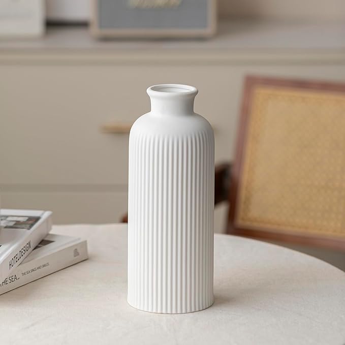 Natural White Ribbed Ceramic Vase for Flowers, Modern Textured Decorative Vase, 10 Inch Tall, 3.94 Inch Width, Farmhouse Style Home Decor (Bisque White)