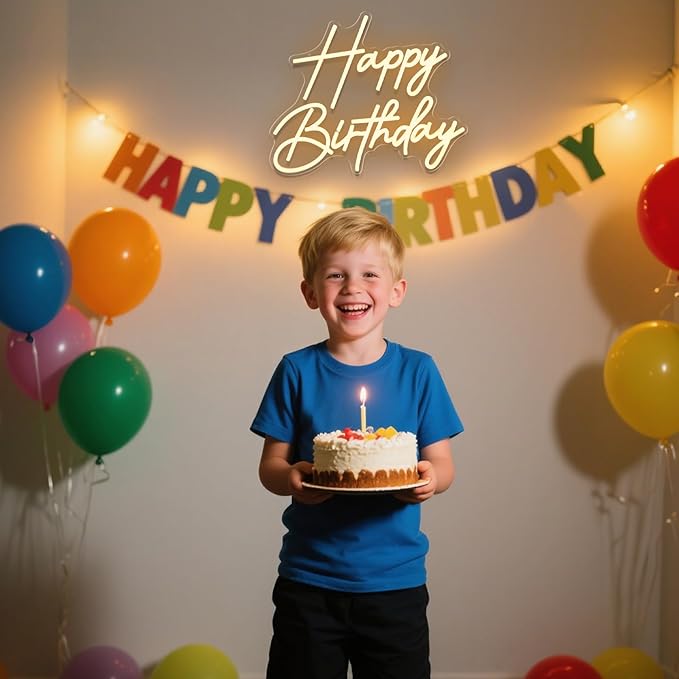 Happy Birthday Neon Sign for Wall Decor, Dimmable LED Happy Birthday Light Up Sign, Happy Birthday Sign for All Birthday Party Decoration Backdrop and Any Ages Bday Celebration, Warm White