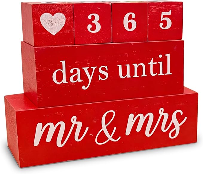 6 Pcs Wooden Engagement Gifts for Couples Wood Engagement Party Decorations Block Wedding Day Countdown Calendar Fiance Gifts for Women Future Mr Mrs Newly Engaged Couples, Red