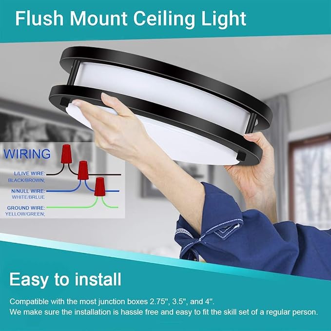 Drosbey 50W Dimmable LED Ceiling Light Fixture, Kitchen Light Fixtures, 13.2 inch Flush Mount Ceiling Lights for Bedroom, Bathroom, 2700K/3000K/3500K/4000K/5000K Selectable, Super Bright 5000LM, Black
