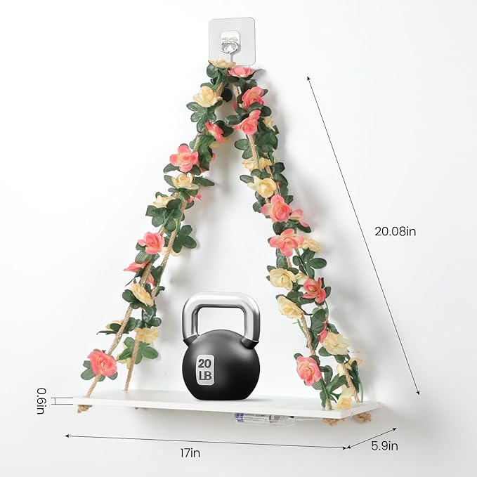 EXIN DECHEN Floating Shelves for Wall No Drilling,Wall Shelves,Hanging Shelf,Leaves and Light Strip with Flower,Set of 2 Plant Decor for Home Livingroom Bedroom,Led Room Decor Aesthetic,Gift