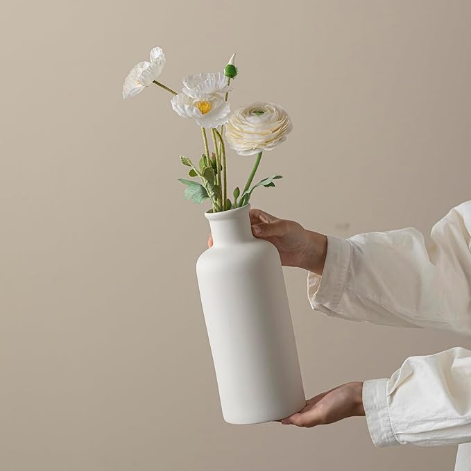 White Ribbed Ceramic Vase for Flowers, Modern Textured Decorative Vase, 10 Inch Tall, Farmhouse Style Home Decor (Nature White)