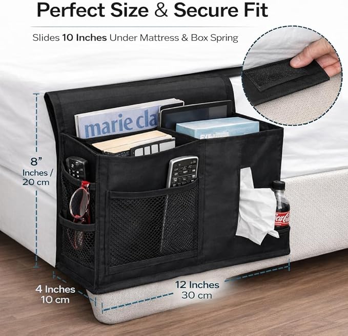 Dependable Industries inc. Essentials 7 Pocket Bedside Caddy Organizer for Bed Couch or Sofa Hanging Storage for Phone Remote Glasses Tissues Magazines Black