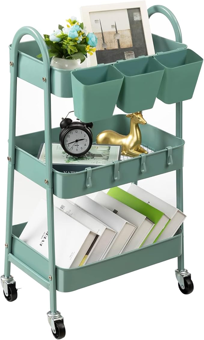 danpinera 3-Tier Rolling Cart, Utility Cart Mobile Metal Rolling Storage Cart with Lockable Wheels & Hanging Cups & Hooks for Kitchen, Bathroom, Office, Workshop, Green