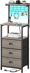 Bedside Tall Nightstands with Charging Station, LED Bedside Table for Bedroom - 3 PU Fabric Drawers, Hooks, USB/Type-C Ports & Open Bedside Storage Shelves, Grey