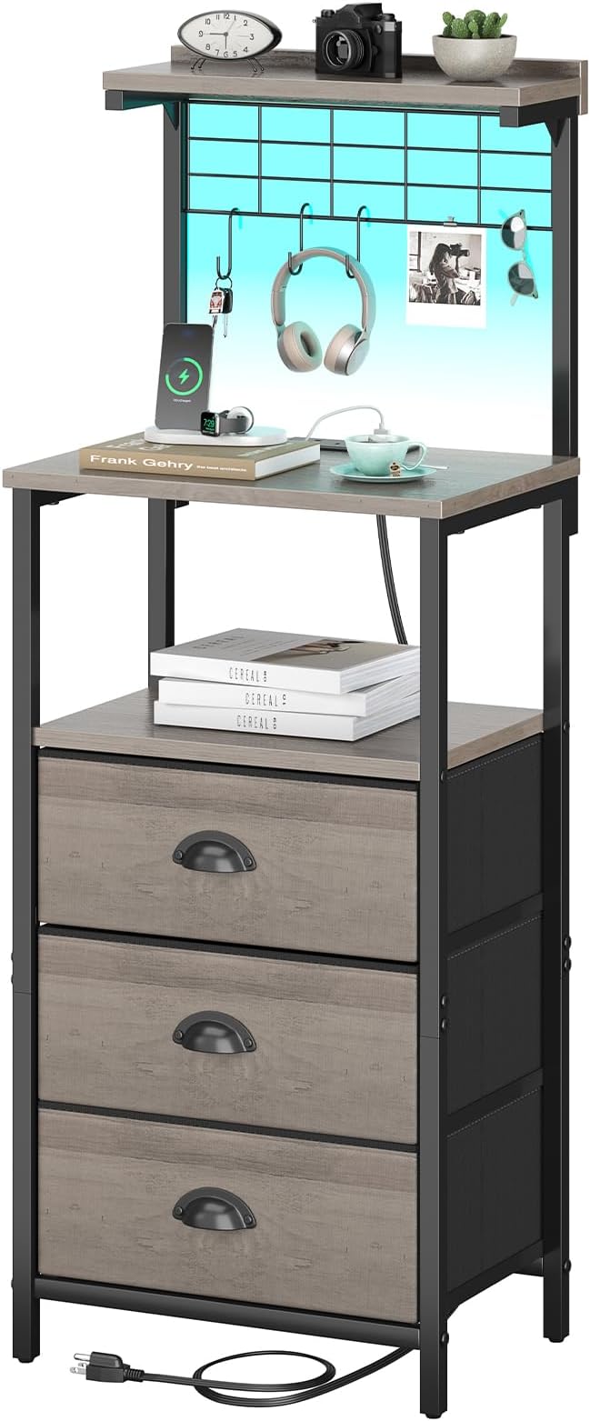 Bedside Tall Nightstands with Charging Station, LED Bedside Table for Bedroom - 3 PU Fabric Drawers, Hooks, USB/Type-C Ports & Open Bedside Storage Shelves, Grey