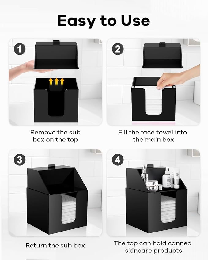 Disposable Facial Towels Storage Box Compatible with Clean Skin Club Clean Towel XL - Cotton Pads - Swabs Upgraded Double Layer Acrylic Storage Container Face Towel Holder (Matte Black)
