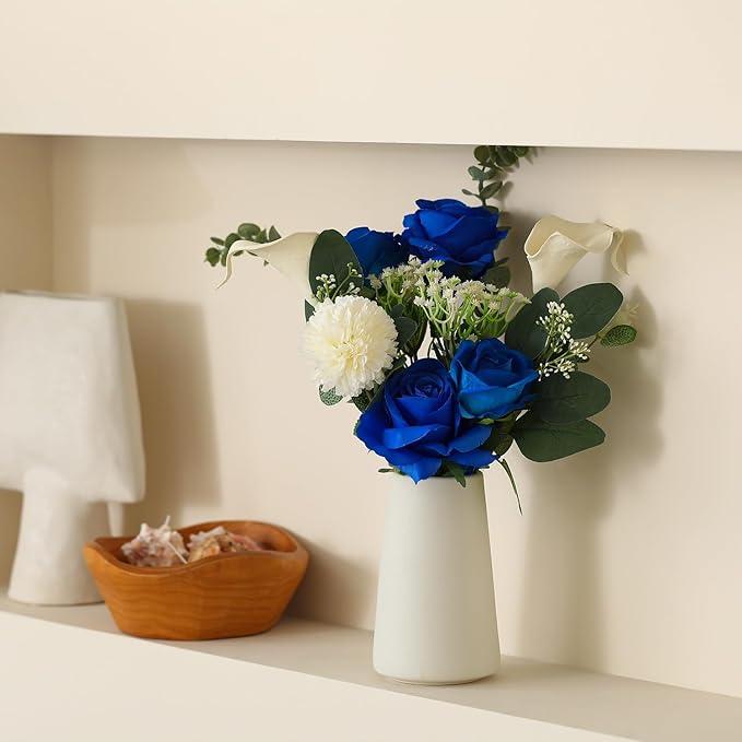Fake Flowers with a Ceramic Vase for Centerpiece Table Decorations, Faux Blue Silk Rose in Vase, Flowers Arrangements Artificial Flowers Indoor for Dinning Coffee Table Home Decor(Blue White)