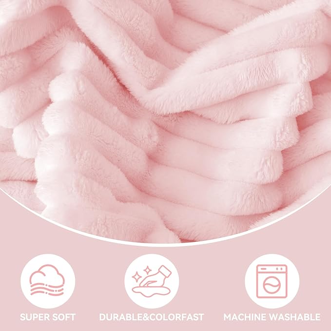 Nookly Pink Twin Size Fleece Blanket, Soft Lightweight Ribbed Plush Bed Blanket, Cozy All-Season Striped Fleece Twin Throw for Bedroom and Home, 60x80 Inches