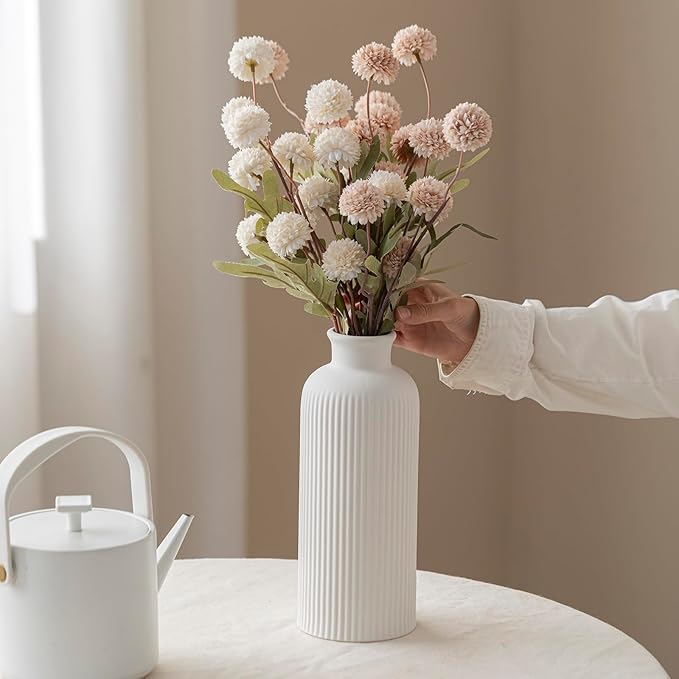 Natural White Ribbed Ceramic Vase for Flowers, Modern Textured Decorative Vase, 10 Inch Tall, 3.94 Inch Width, Farmhouse Style Home Decor (Bisque White)