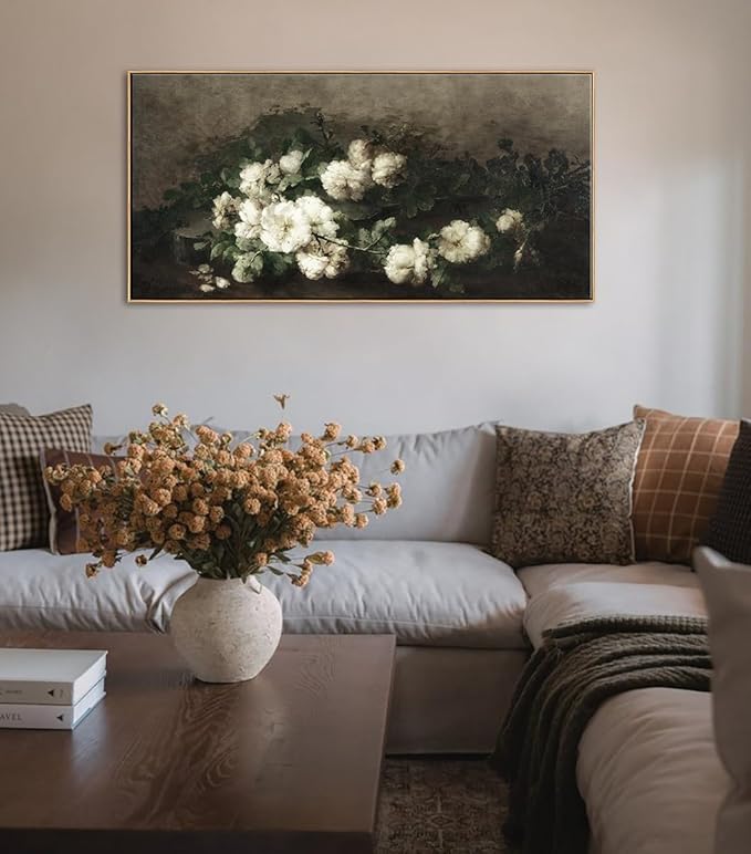 DJSYLIFE Framed Vintage Flower Canvas Wall Art, White Rose Still Life Painting Prints for Bedroom Decor, Classical Floral Pictures for Living Room Home Decorations, Ready to Hang 20"x40"