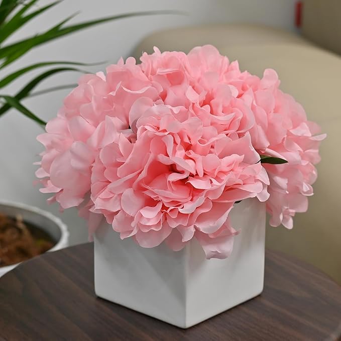 LADADA Faux Flowers with vase ，Fake Peony Bouquet in Square White Ceramic Vase, Flowers for Table Decoration Farmhouse Floral Arrangement (Pink)