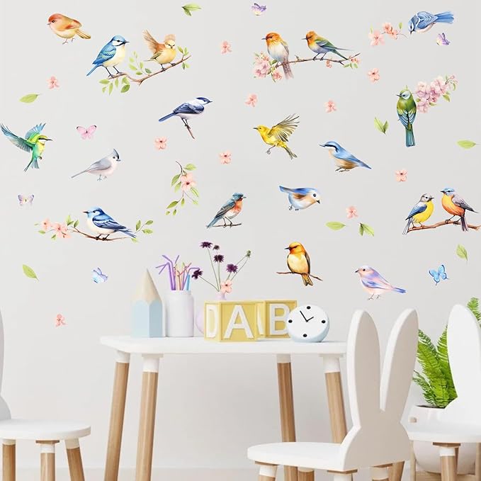 HLNIUC Branches Flowers Birds Wall Sticker 35”x12”DIY Spring Floral Window Clings Hummingbird on the Tree Branch Wall Decal Large Pink Cherry Blossom Removable Art Stickers for Living Room Kids Room