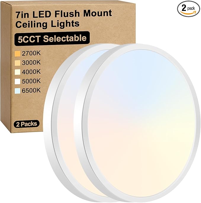 Brightever 7 Inch Flush Mount Ceiling Light, 12W 1200LM LED Ceiling Light Fixtures, 2700K/3000K/4000K/5000K/6500K Selectable, 0.67 Inch Ultra Thin Flat Ceiling Lights for Bedroom Closet, 2 Packs