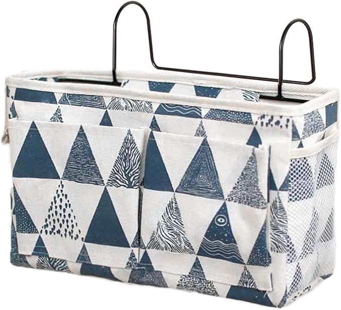Surblue Bedside Caddy Bedside Storage Bag Hanging Organizer for Bunk, Hospital Beds, Dorm Rooms Bed Rails Camp 4 Pockets and 2 Hooks (Blue Triangle)