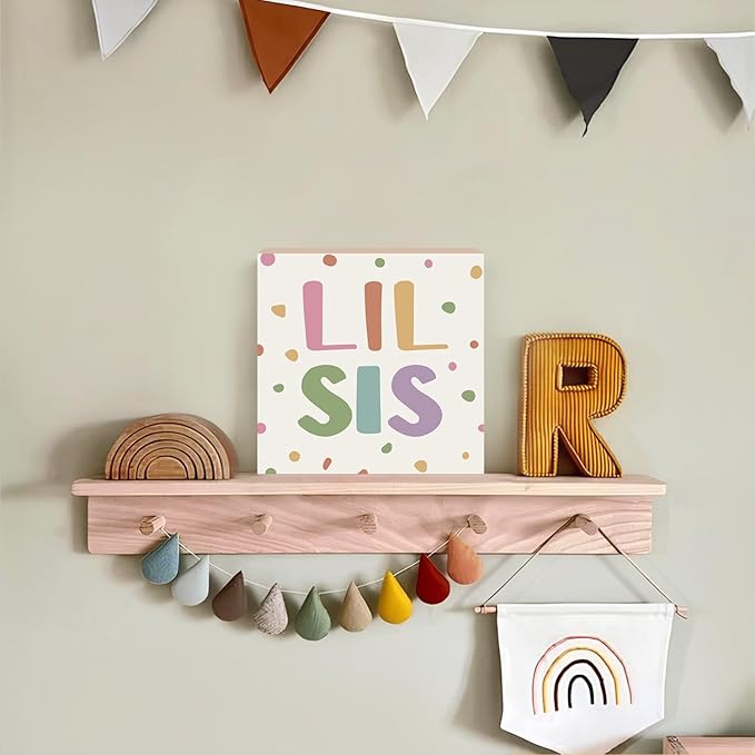 Lacama Boho Girl Nursery Wooden Box Sign, Little Sister Decorations Wood Block Signs, Twin Room Wood Sign for Toddler Girls Room Bedroom Playroom Desk Shelf Wall Decor 5x5 Inches