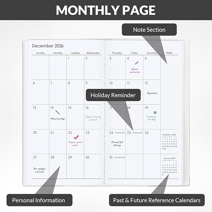 Pocket Calendar 2026-2027, Pocket Planner 2026-3.7" x 6.7" - Runs from January 2026 Until December 2027, Monthly Planner 2026-2027 with PVC Cover for Planning, Black