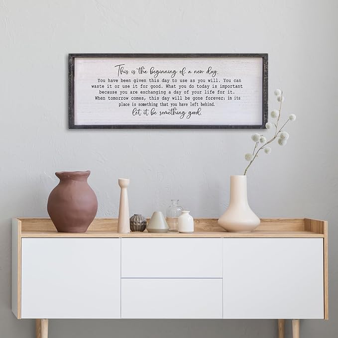 Surfapans This Is The Beginning Of A New Day Office Wall Decor 40"x15" Large Farmhouse Inspirational Wood Framed Art Sign Motivational Inspiring Positive Quote Decoration (Black)