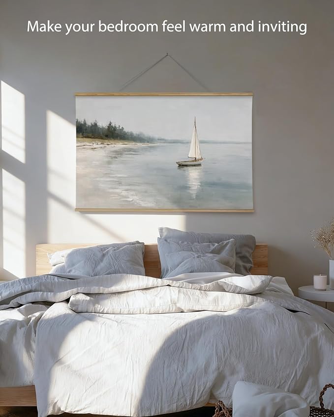 ARPEOTCY Extra Large Vintage Framed Wall Art, 36x54 Inch Coastal Ocean Sailboat Beach Landscape Hanging Canvas Prints Wall Art Decor for Living Room Bedroom, Retro Scenery Pictures Above of Bed