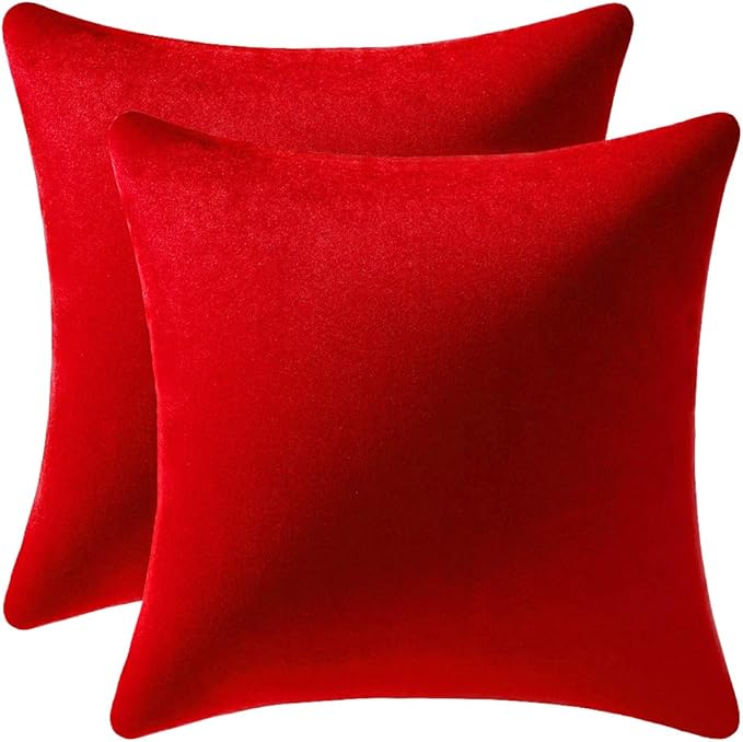 DEZENE Throw Pillow Covers 22x22 Christmas Red: Pack of 2 Cozy Soft Velvet Square Modern Luxury Decorative Throw Pillow Cases for Sofa Couch Living Room Bed Home Decor