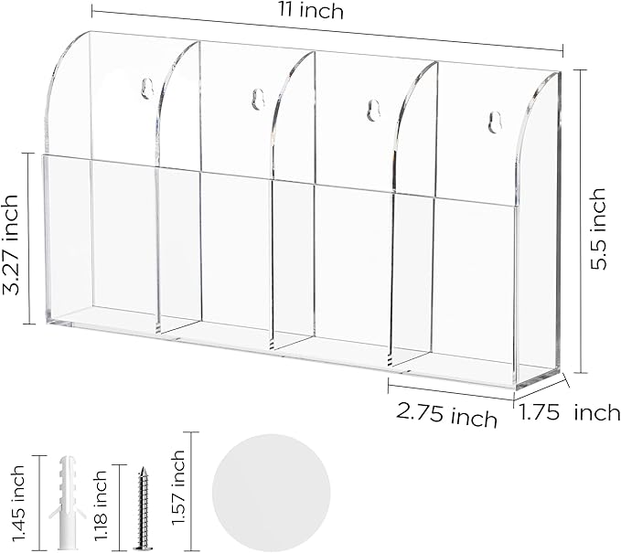 HBlife Acrylic Remote Holder Organizer, Clear TV Remote Control Wall Mount Caddy for Bedside, 4 Compartments