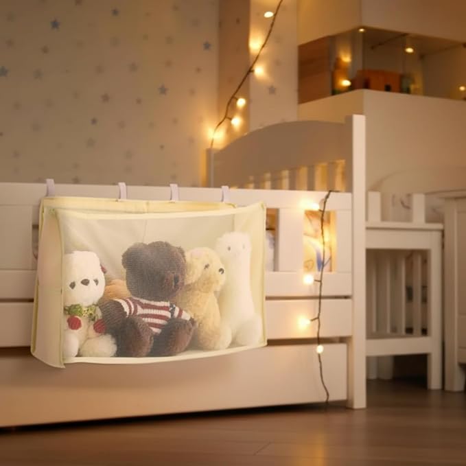 Bedside Stuffed Animal Organizer Storage - Large Capacity Space Saving Plush Toy Organizer Net with Reinforced Sides & Extra Pockets, Stuffy Holder Bed Caddy, Beige