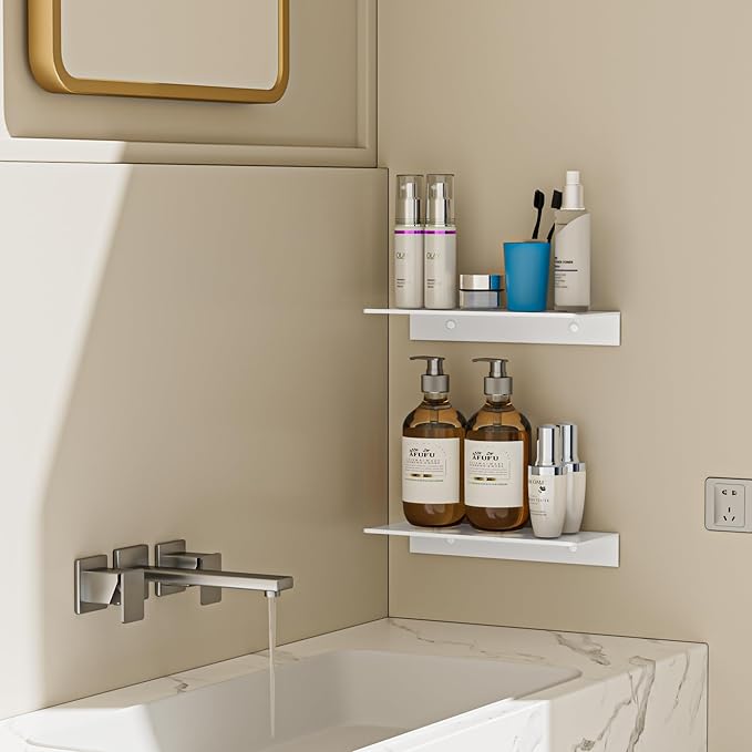 Glossy White Metal Floating Shelf 2-Piece Set, Adhesive Wall Shelves in Thickened Aluminium Wall Mounted Shower Caddy, Ideal for Display & Storage in Living Room, Bedroom, Bathroom (11.7")